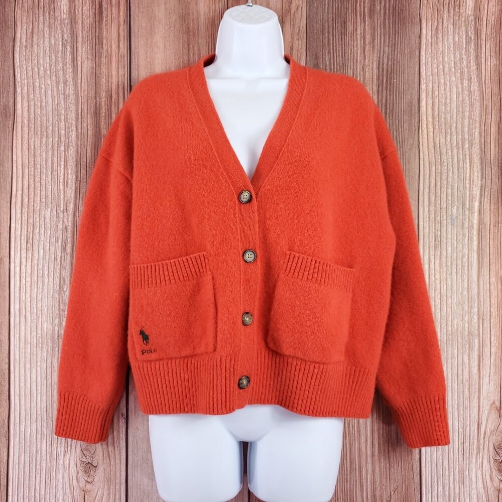 Polo Ralph Lauren Womens XL Wool Cashmere Blend V-Neck Cardigan Sweater Orange